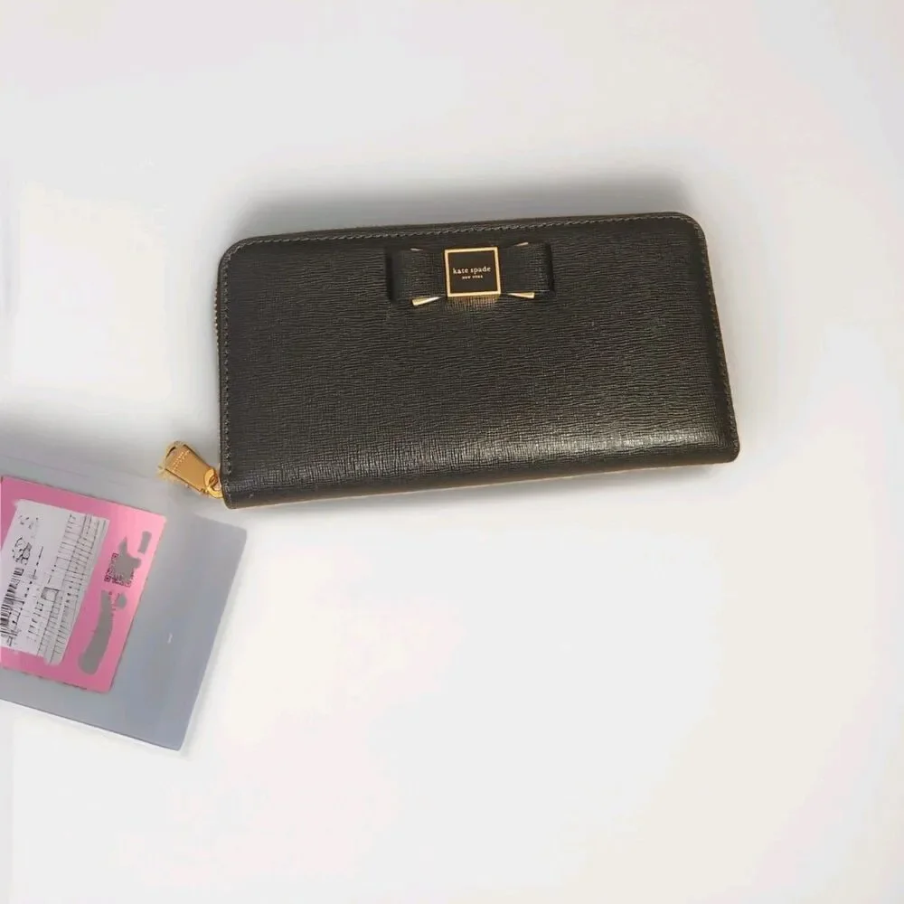 Kate Spade Morgan Bow Embellished Zip-Around Black Leather Continental Wallet